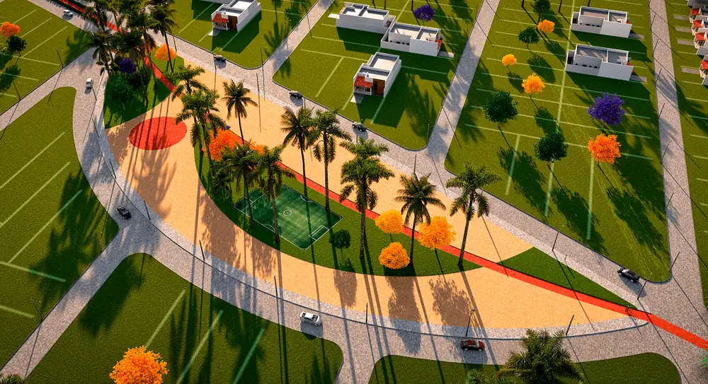 Praça com quadra poliesportiva e paisagismo